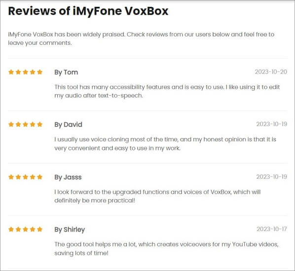 beoordelingen van andere VoxBox-gebruikers