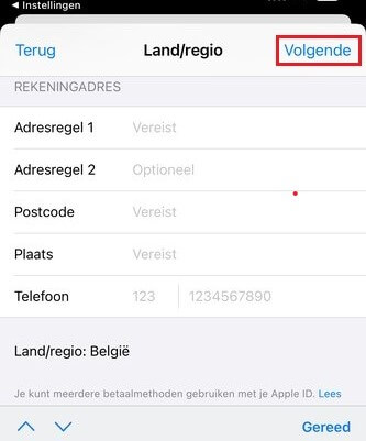 Vul de persoonlijke informatie in over de landwijziging in de app store