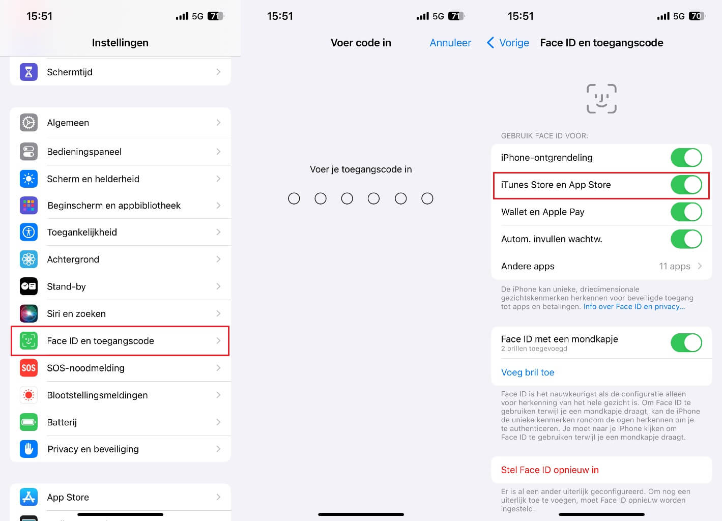 uitschakelen van iTunes Store en App Store in Face ID-instellingen