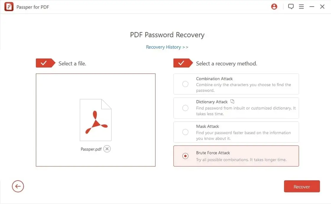 selecteer een aanvalsmode om pdf te ontgrendelen