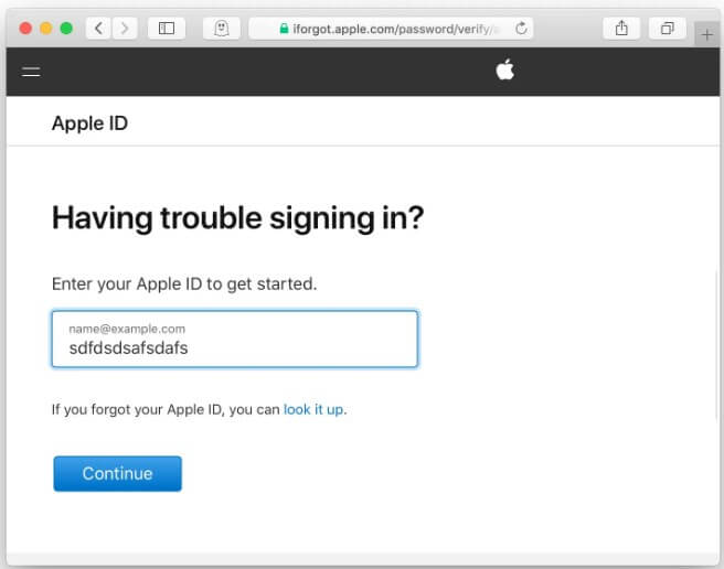 voer een Apple ID-account in op de iforgot-website