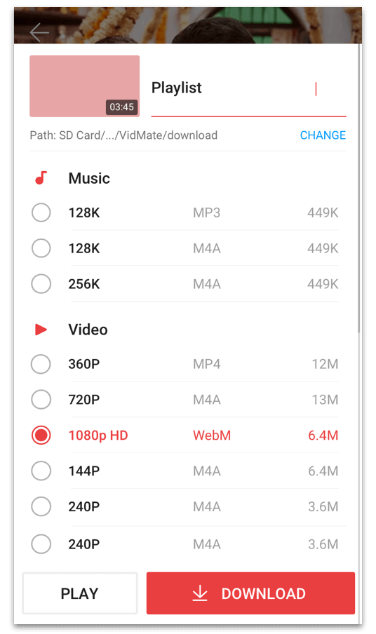 Vidmate muziekkwaliteit selecteren