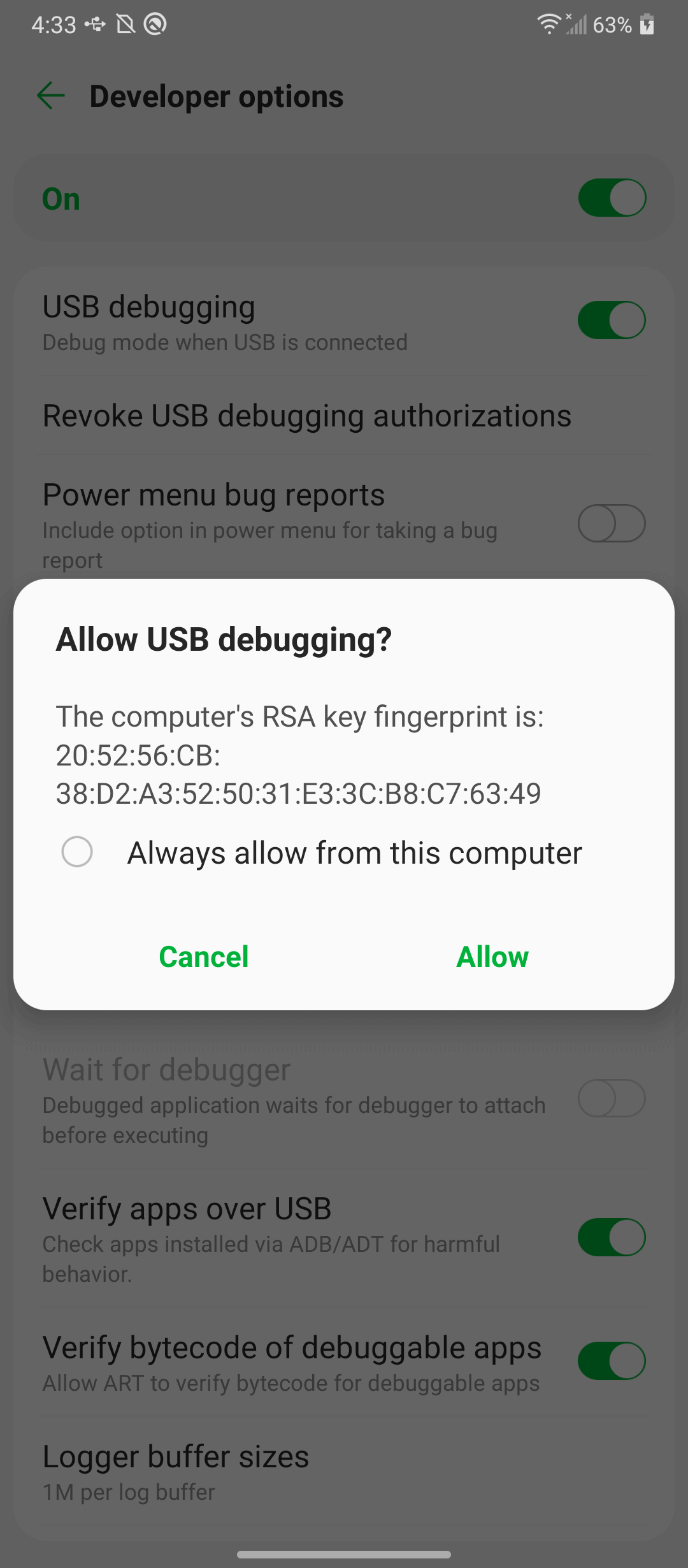 altijd usb-foutenopsporing toestaan