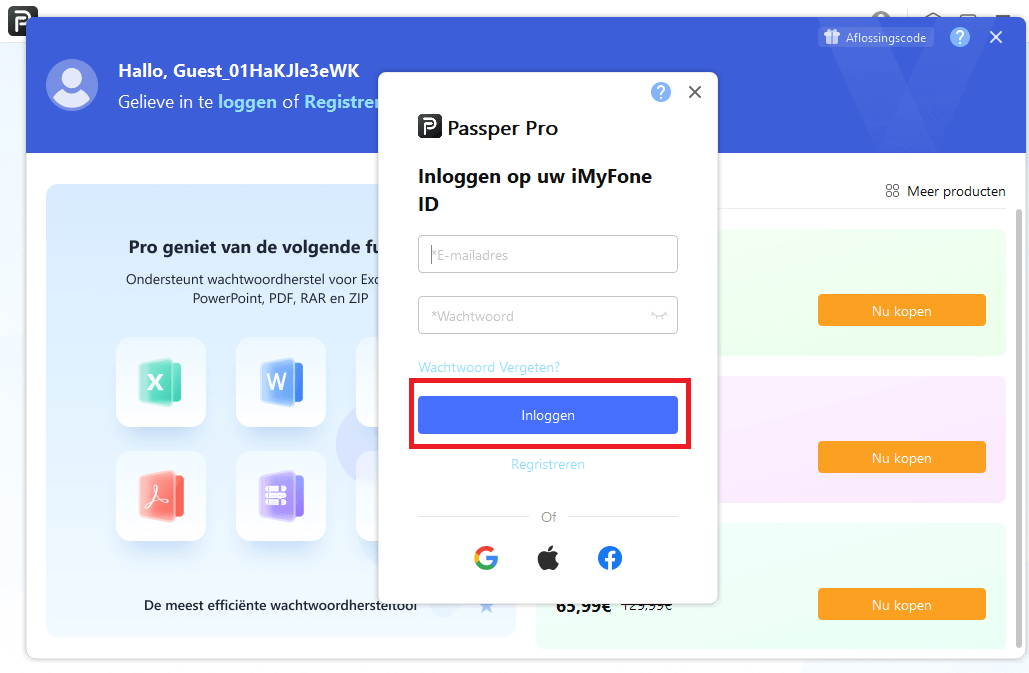 Inloggen op iMyFone-account in Passper Pro