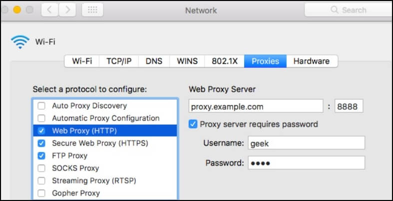 schakel alle protocollen in wifi-proxy's uit