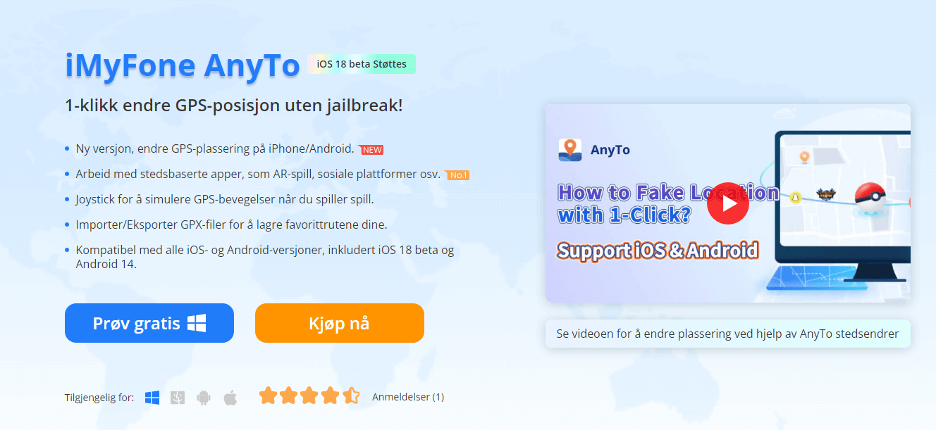 Bruke iMyFone AnyTo for Pokémon Go Fake GPS på Android