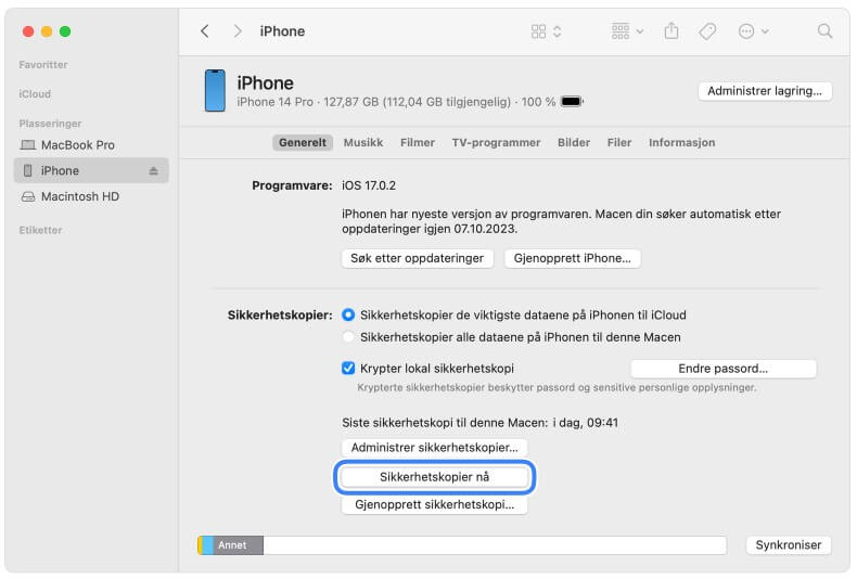 Sikkerhetskopier iPhone på Mac