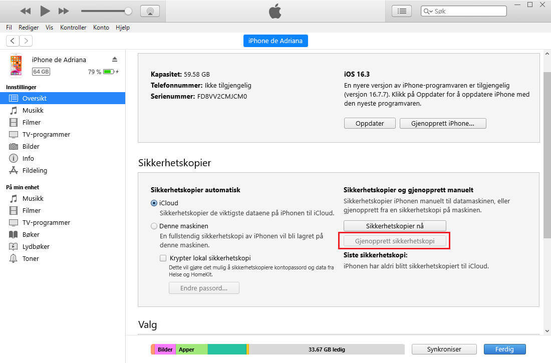Gjenopprett iTunes-sikkerhetskopiering til iPhone