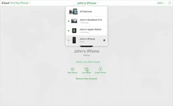 fjern enheten fra kontoen via Finn min iPhone