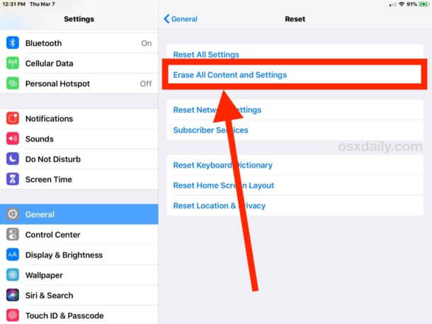 Slett alt innhold og innstillinger på iPad