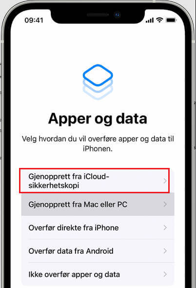 Gjenopprett fra iCloud-sikkerhetskopi