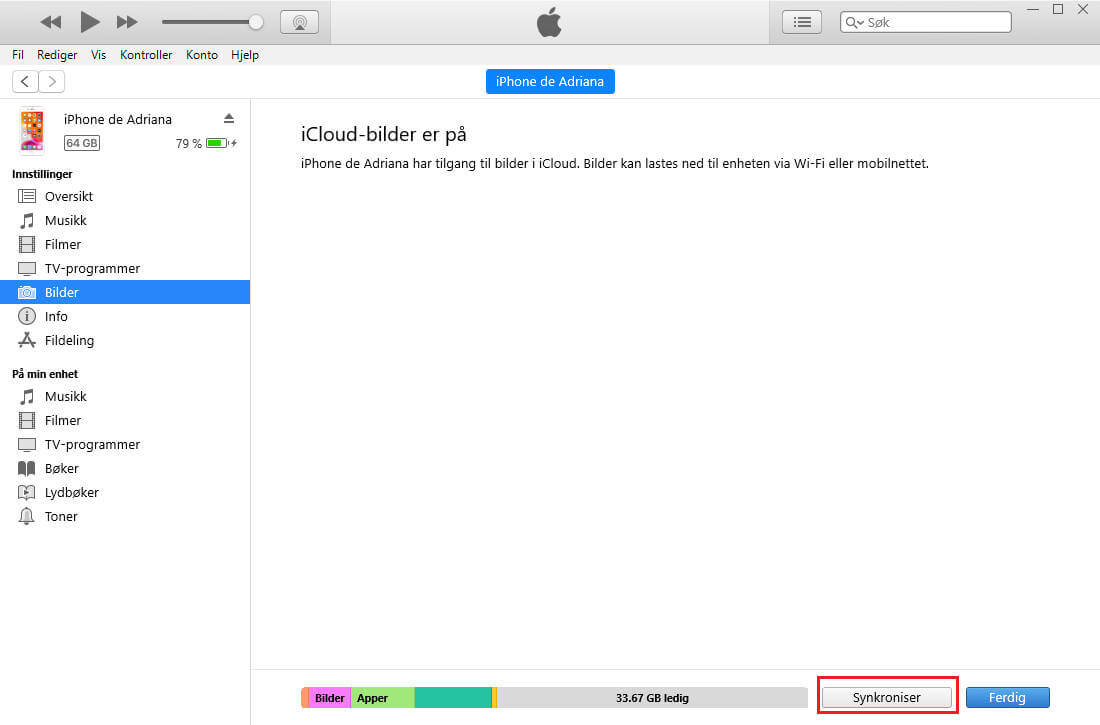 Synkroniser bilder fra iTunes til iPhone