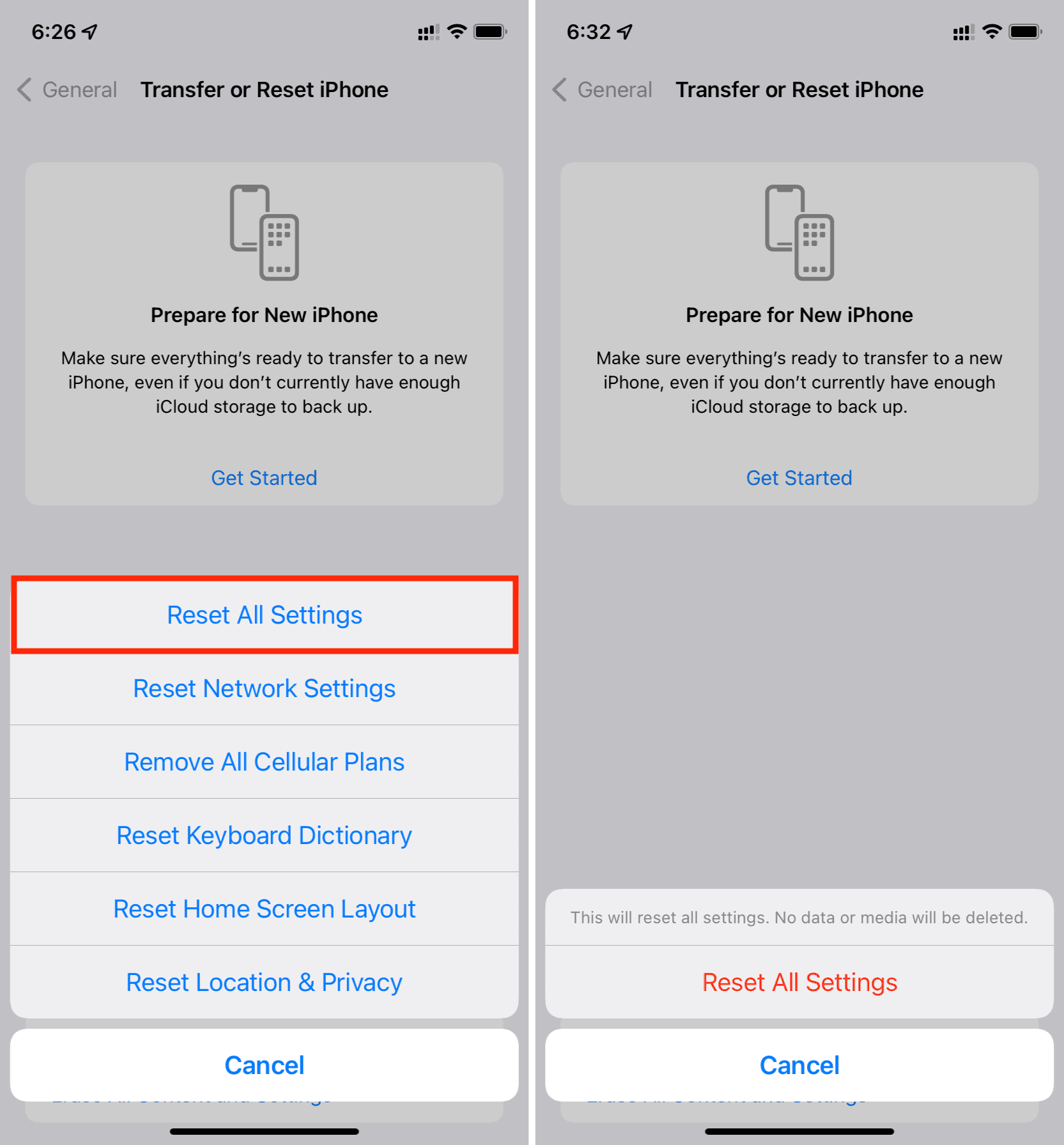 iPhone Tilbakestill alle innstillinger