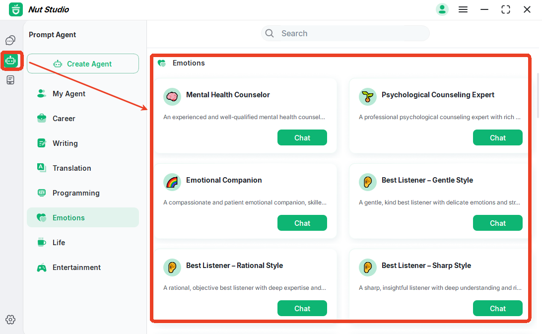 pick a build in ai agent on nut studio