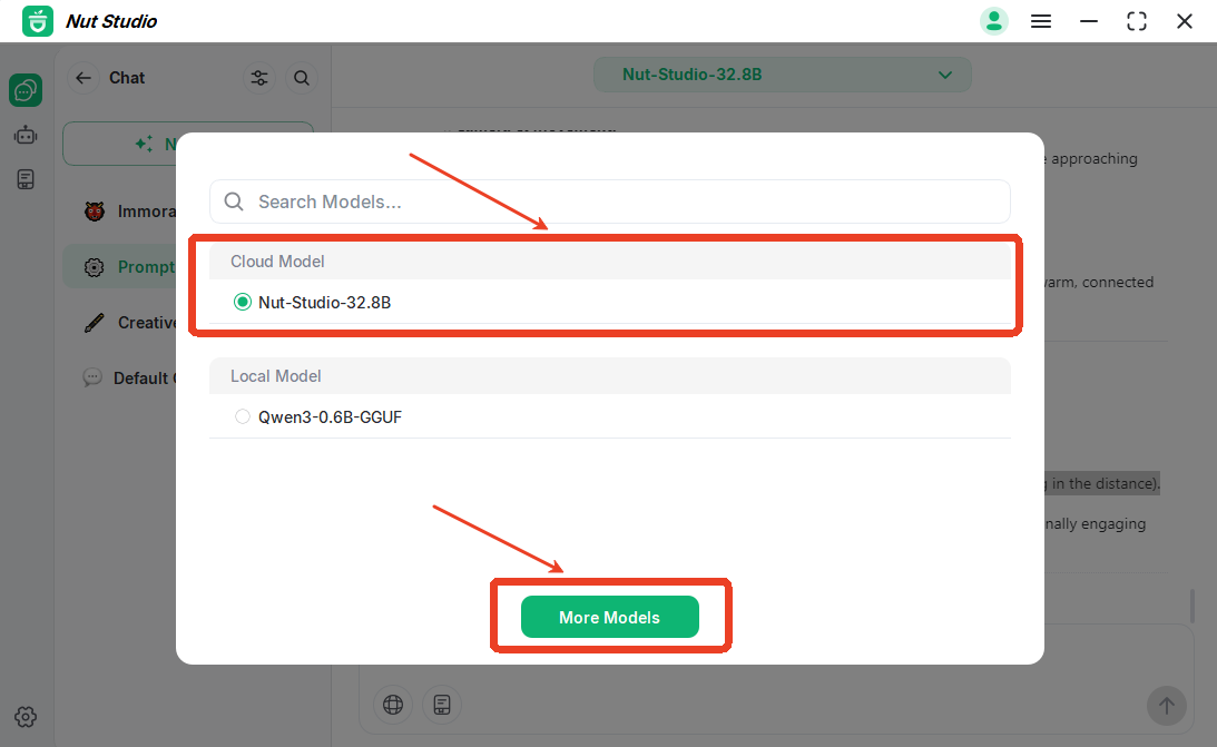 use nut studio build in cloud model to chat