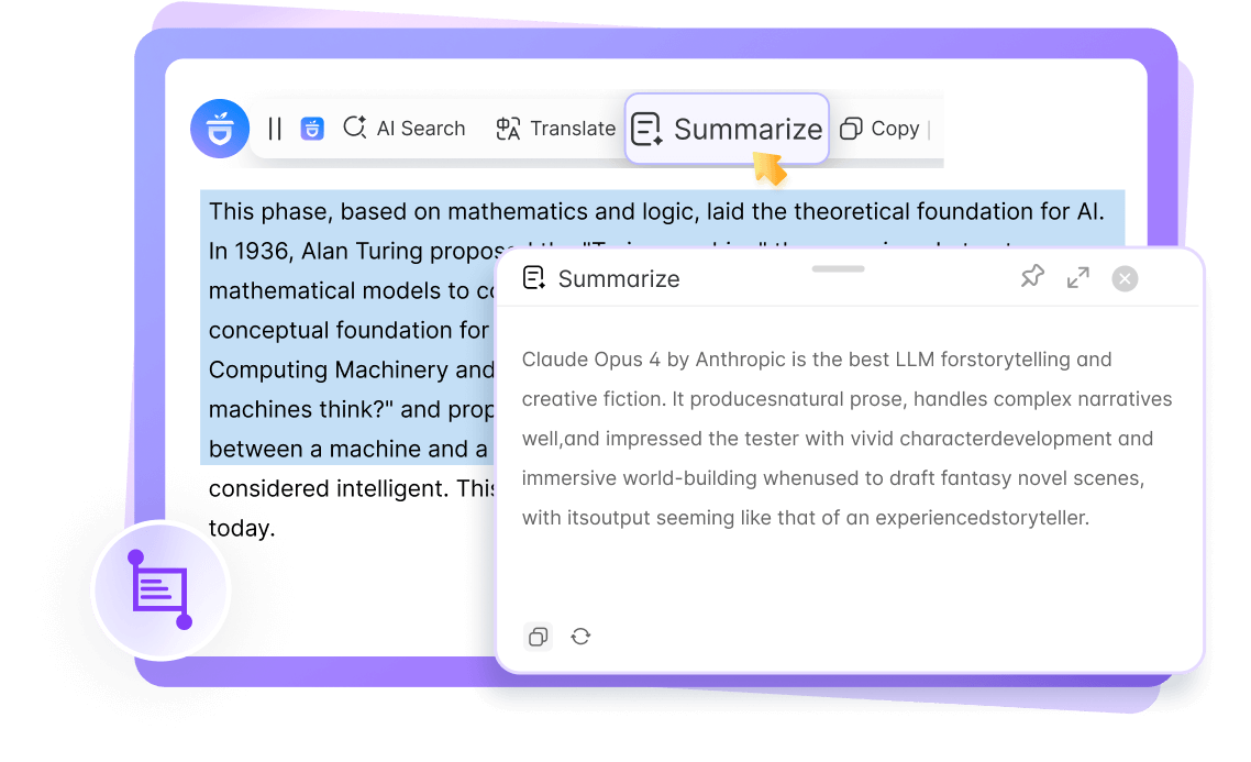 AI contextual menu with Translate and Summarize on selected text.