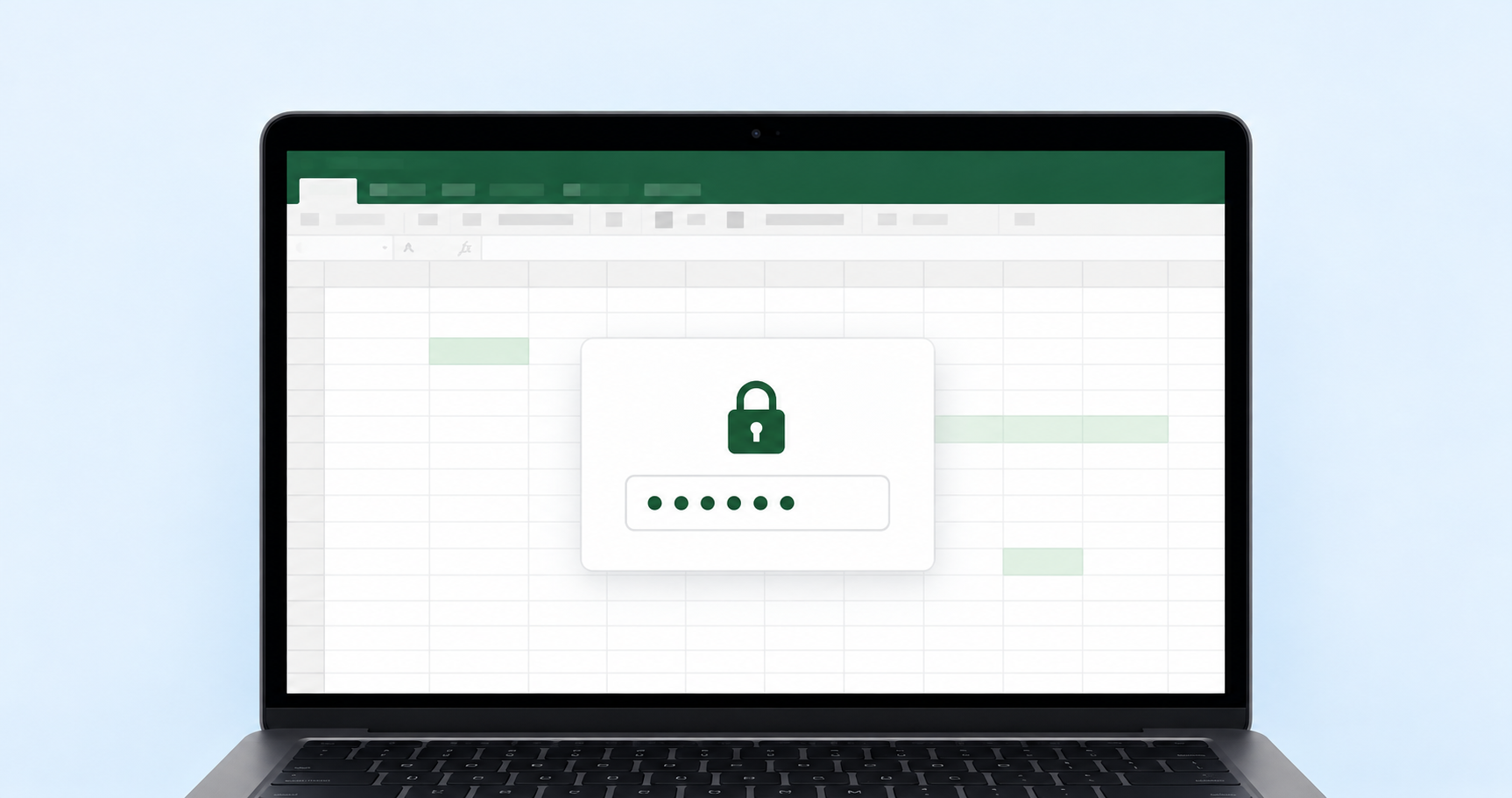 Laptop showing a protected Excel worksheet and password prompt