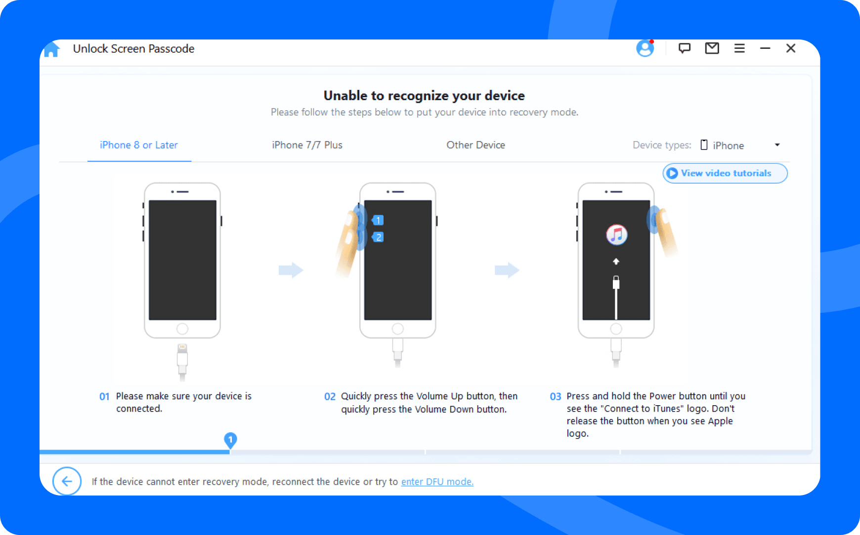 iMyFone LockWiper iPhone unlocker showing how to connect an iPhone and enter recovery mode