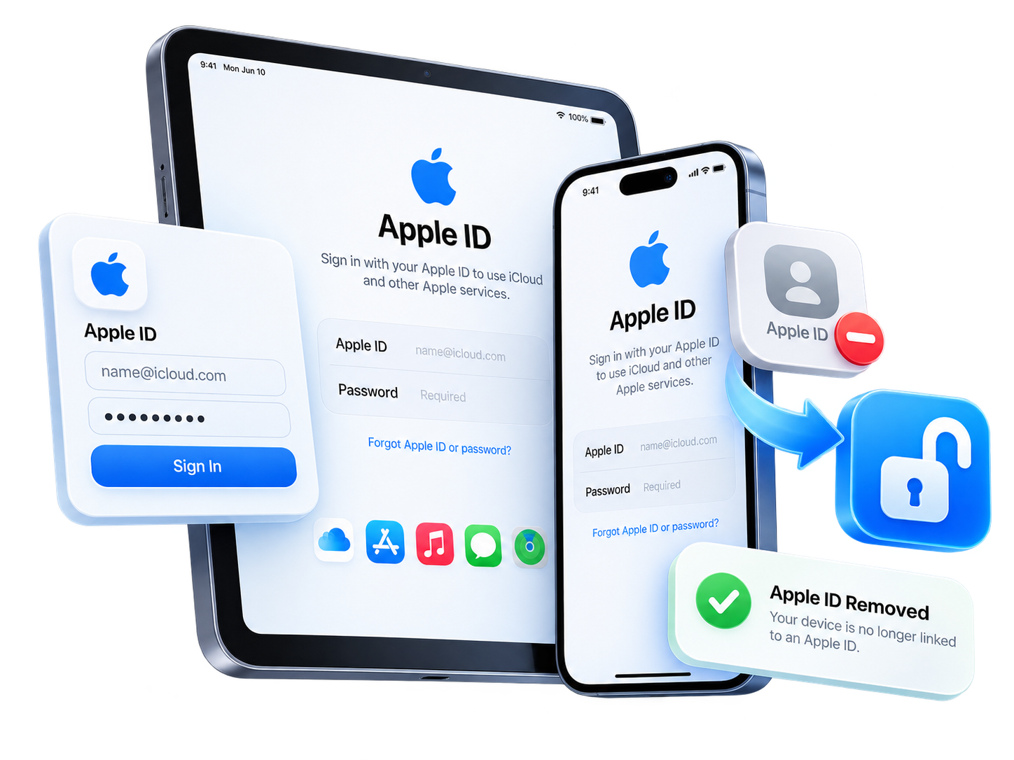 Apple ID password removal illustration showing an iPhone and iPad