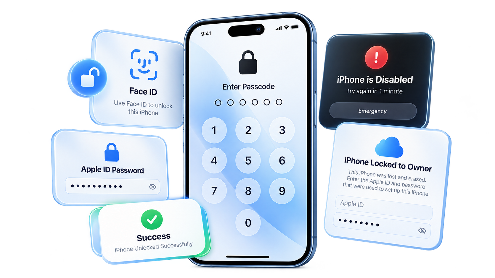 iPhone passcode unlocker illustration with passcode, disabled iPhone and screen lock removal