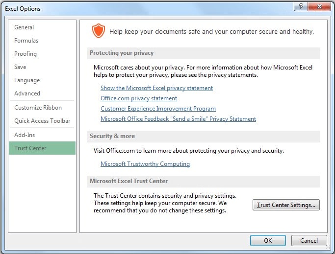 trust center excel options