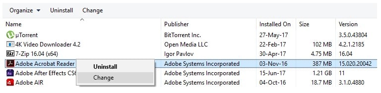 adobe uninstall change