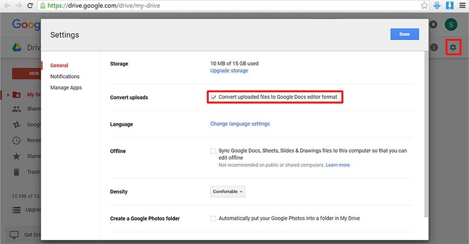 google drive settings menu