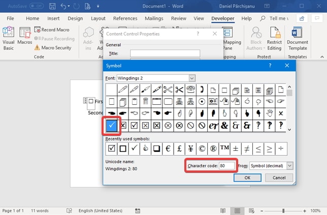 microsoft word checkbox content control group