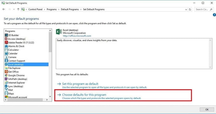 choose defaults for excel