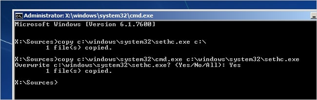 rompere la password di amministratore in Windows 7 utilizzando cmd