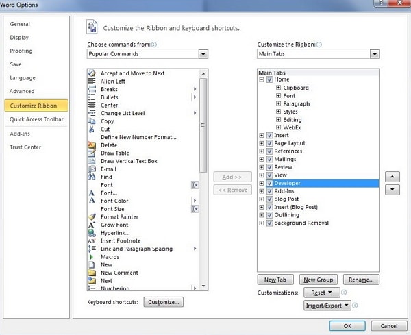 using word developer tools