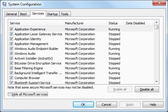 msconfig services