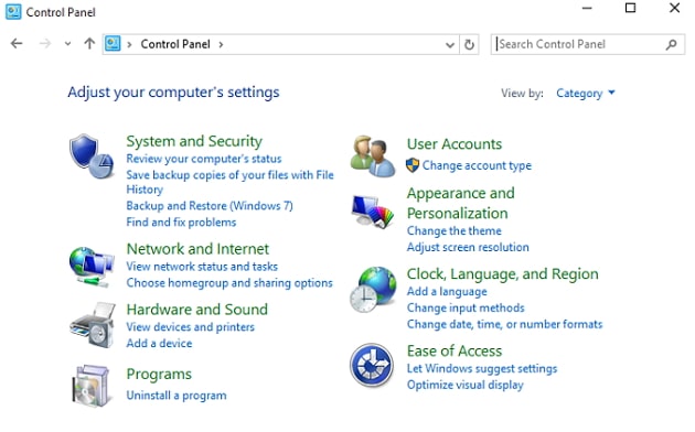 open control panel