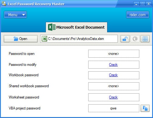 rixler excel password recovery master