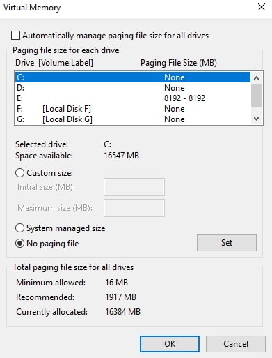 uncheck manage paging file size for all drivers