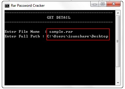 enter the name and full path of encrypted rar file