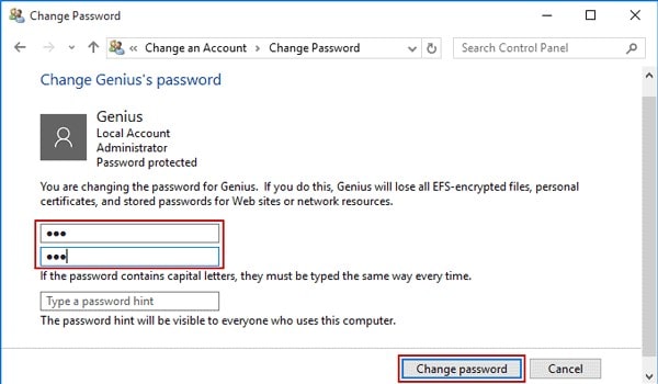 change password in control panel