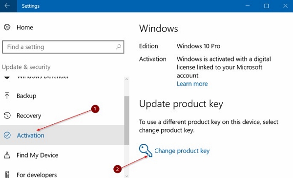 windows 10 can t change product key