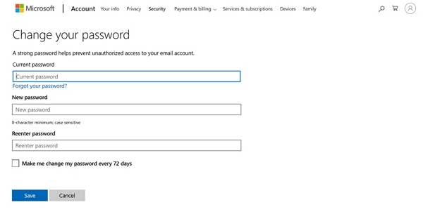 changing microsoft account password