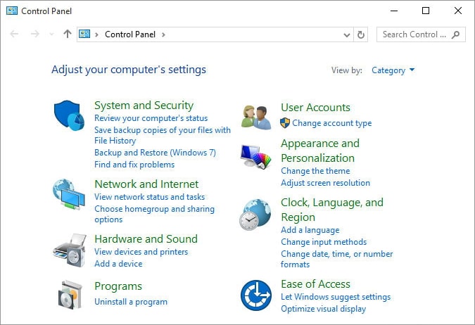 HP control panel