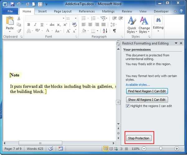 stop protection from word document