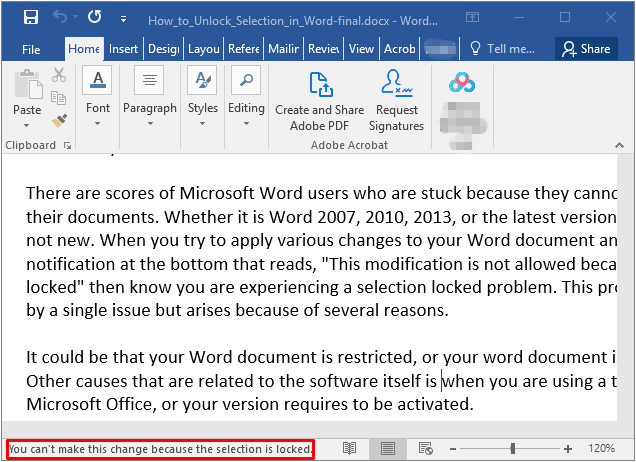 microsoft word selection is locked how to unlock