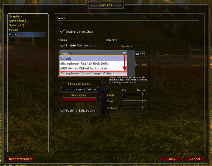 Выберите виртуальное аудиоустройство Voice Changer в World of Warcraft
