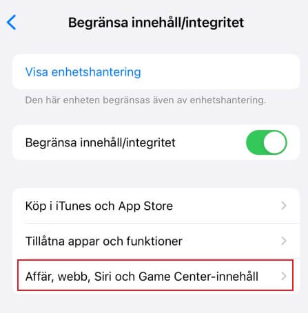 Klicka på Innehåll begränsningar