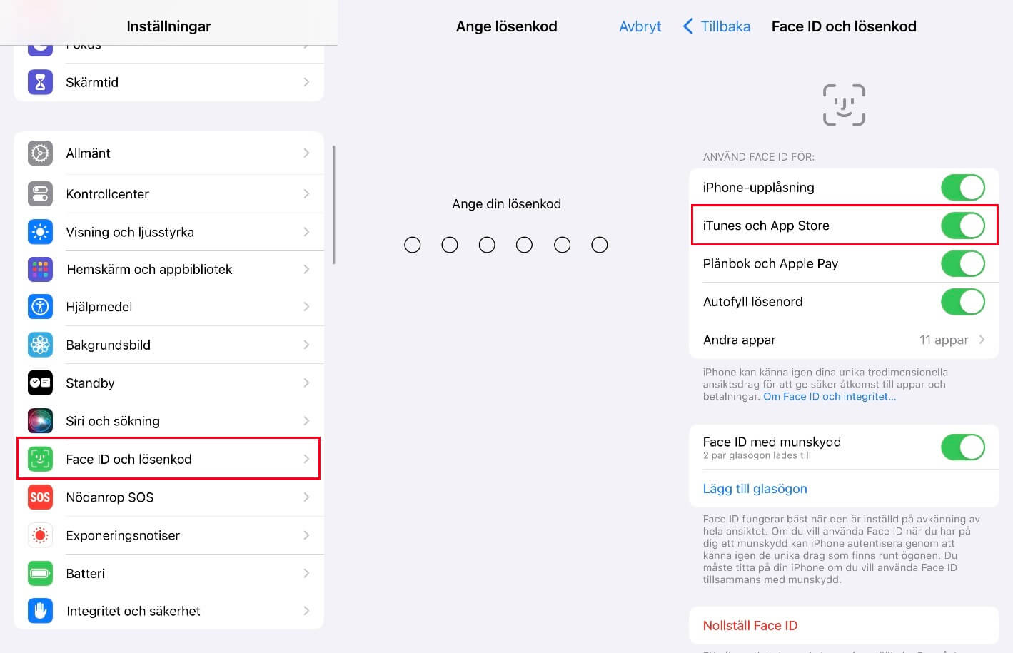 inaktivera iTunes Store och App Store i Face ID-inställningar