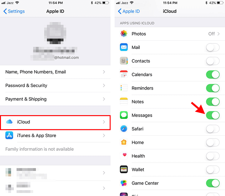 Aktivera meddelanden i iCloud-inställningar
