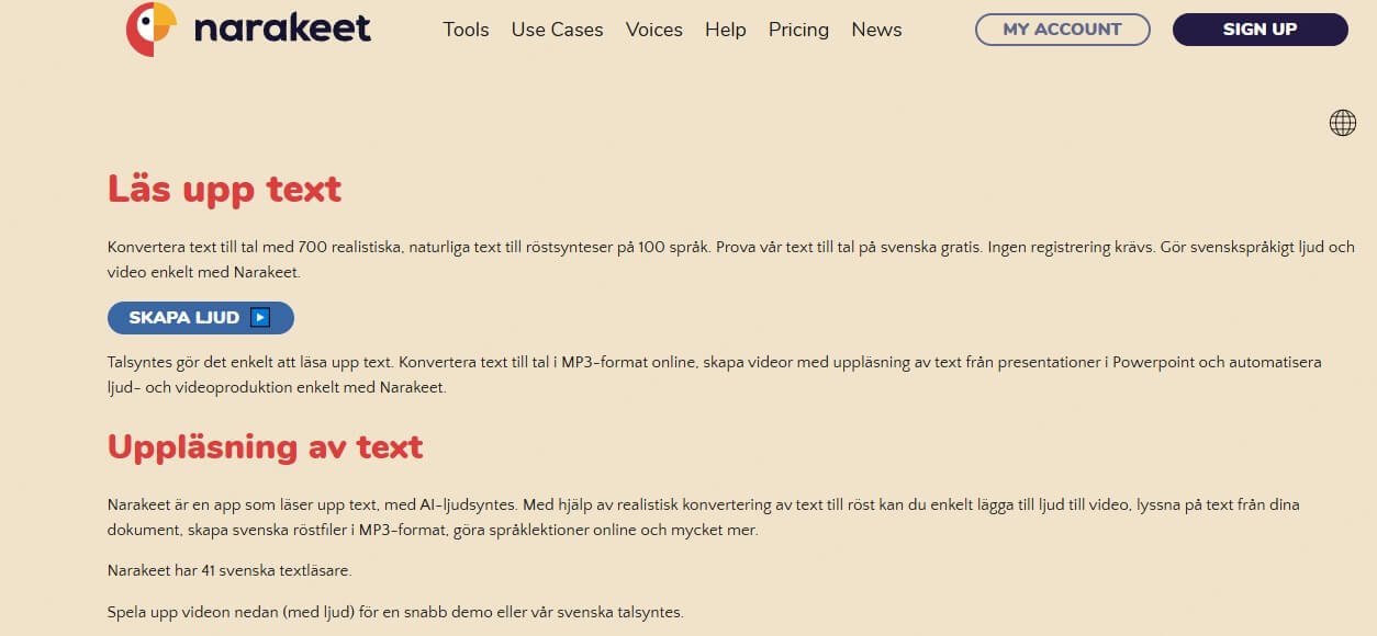Narakeet text till tal Svenska gratis