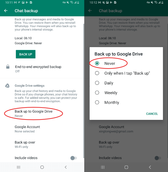 säkerhetskopiering av Whatsapp via Google Drive