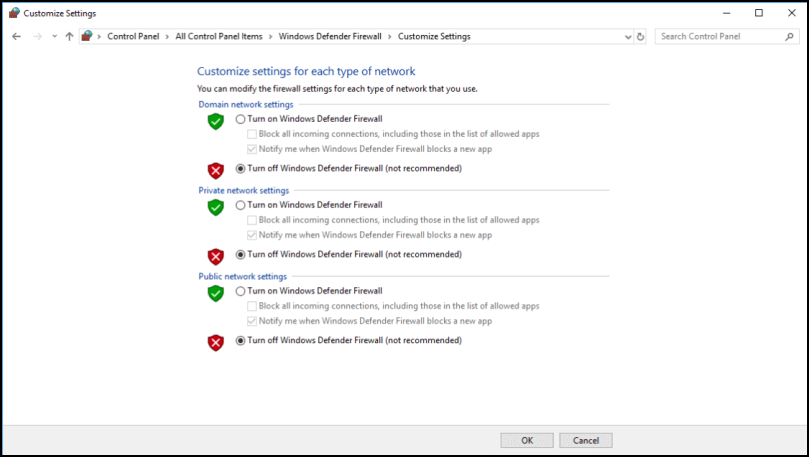 Öppna eller stäng Windows Defender-brandväggen
