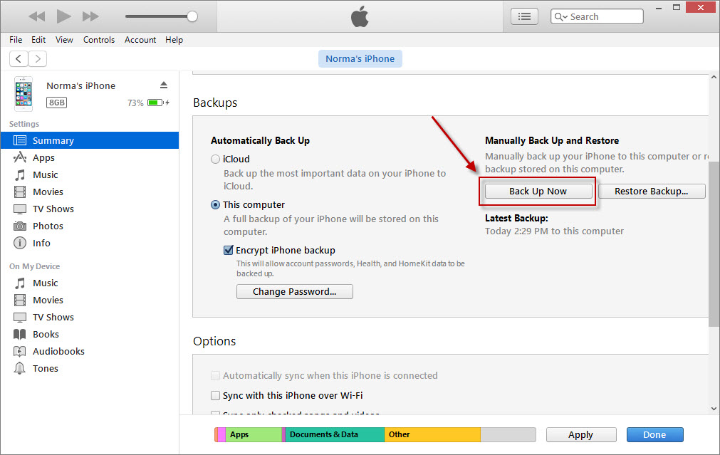 Använda iTunes för att säkerhetskopiera WhatsApp från iPhone till PC